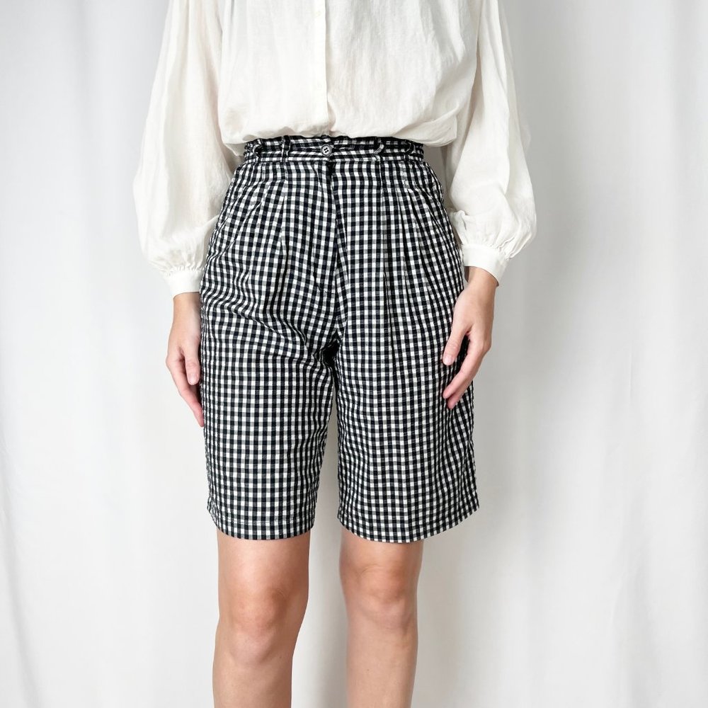 Vintage High Waisted Gingham Plaid Pleated Long Mom Shorts Bermuda Picnic Check - Picture 1 of 8